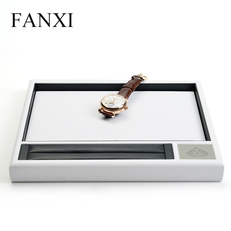 Luxury White And Black PU Leather Jewellery Display Service Trays With Metal Logo For Ring Necklace Bracelet Wooden Jewelry Serving Tray