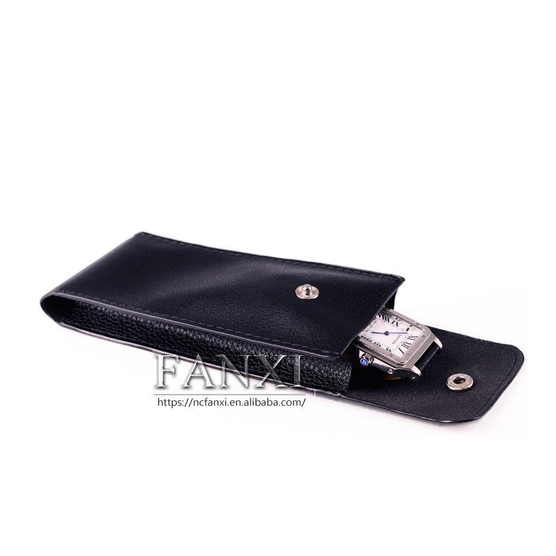 FANXI Wholesale Custom Jewellery Pouch Bag With Button For Jewelry Packaging Black PU Leather Watch Pouch