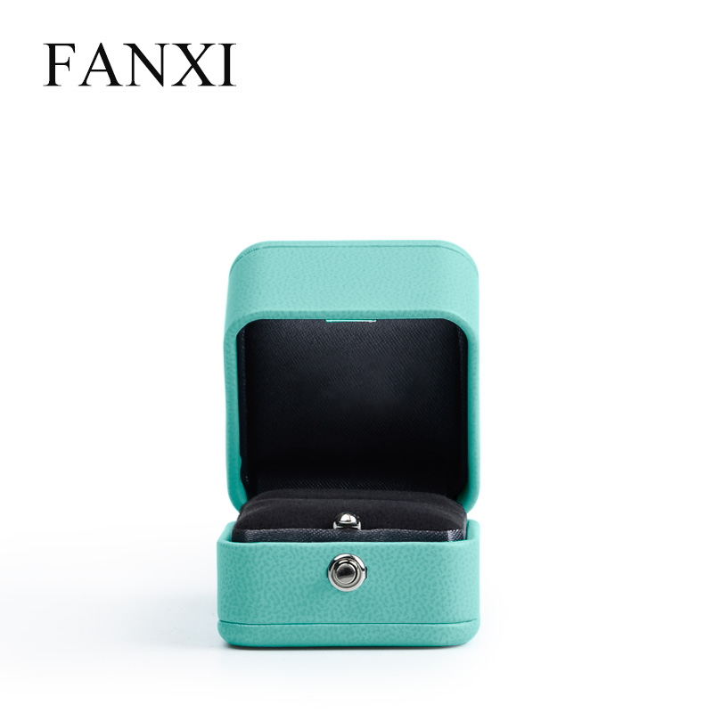 FANXI Wholesale Custom Plastic Packaging Box With Gold Button And Velvet Insert Blue Pu Leather Luxury Jewelry Ring Box