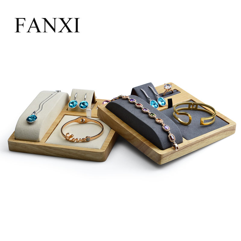 FANXI Luxury Beige And Gray Microfiber Jewellery Set Trays For Ring Earrings Bracelet Necklace Pendant Showcase Solid Wood Jewelry Display Tray