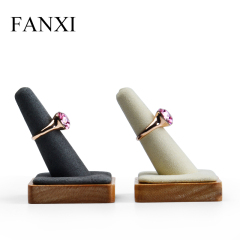 FANXI Wholesale Factory Beige And Gray Microfiber Jewelry Display Holder For Ring Exhibitor Organizer Solid Wood Core Finger Ring Display