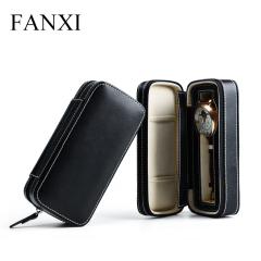 FANXI Wholesale Custom Luxury Leather Jewelry Travel Organizer With Sewing And beige Velvet Insert Black Genuine Leather Watch Case
