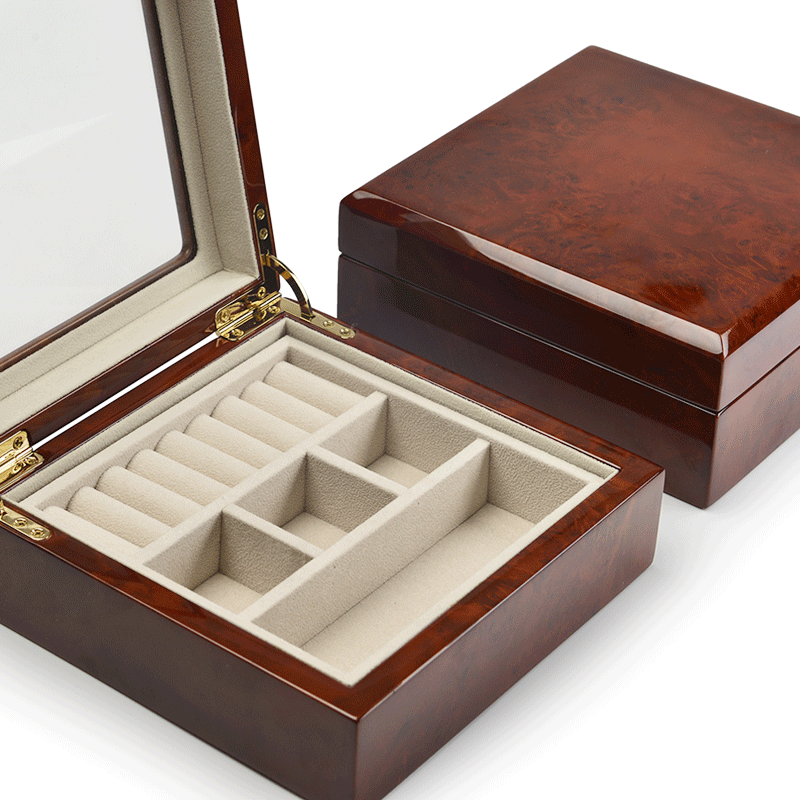 FANXI Custom Red Lacquer Jewellery Organizer Box With Velvet Insert And Glass lid For Ring Necklace Bracelet Watch Storage Luxury Wooden Jewelry Case