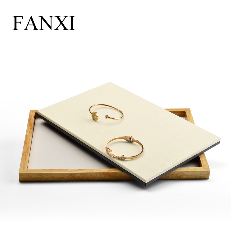 FANXI Custom Size Solid Wood Jewellery Riser With Beige And Gray Insert For Ring Neckace Bracelet Bangle Display Board Jewelry Organizer
