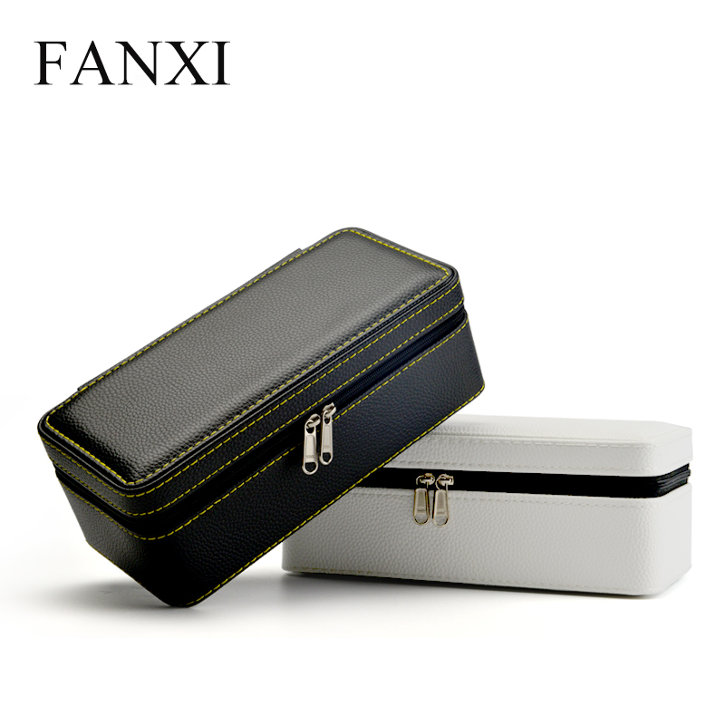 FANXI Custom Jewellery Storage Organizer With Velvet Insert For Ring Bangle Pendant Necklace Packaging Black And White Leather Jewelry Case