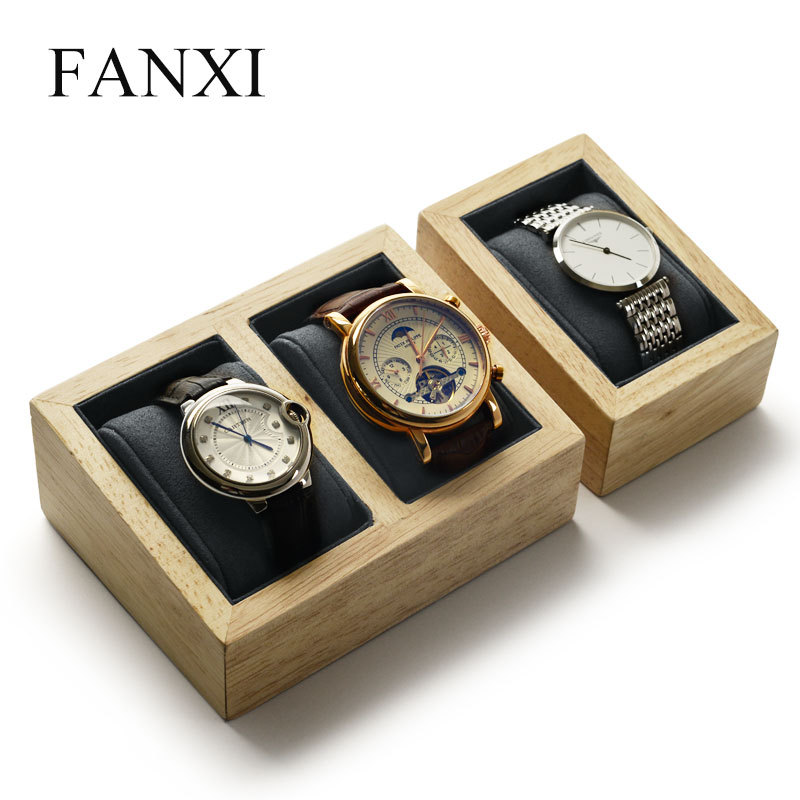 FANXI Custom Size Wooden Jewelry Organizer With Gray Microfiber Pillow For Bangle Bracelet Jewelry Solid Wood Watch Display Holder