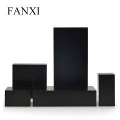 FANXI Custom Wooden Jewellery Exhibitor Organizer For Ring Necklace Bracelet Shop Counter Display Black Matte Finish Lacquer Square Jewelry Risers