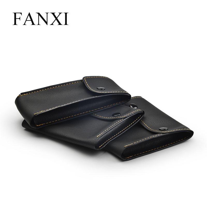 FANXI Custom PU jewelry Bag With Gold Sewing For Watch Shop Party Favors Double Button Black Luxury Leather Watch Pouch