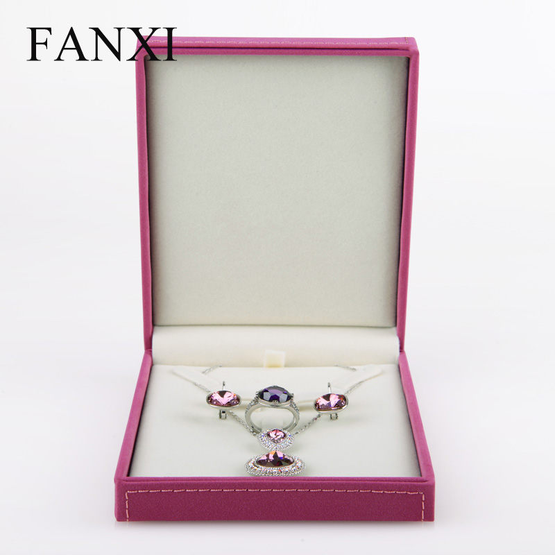 FANXI Custom Jewellery Gift Boxes With Beige Velvet Insert For Ring Double Ring Necklace Bracelet Jewelry Set Rose Red Leather Jewelry Packaging Box