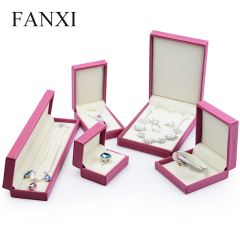 FANXI Custom Jewellery Gift Boxes With Beige Velvet Insert For Ring Double Ring Necklace Bracelet Jewelry Set Rose Red Leather Jewelry Packaging Box