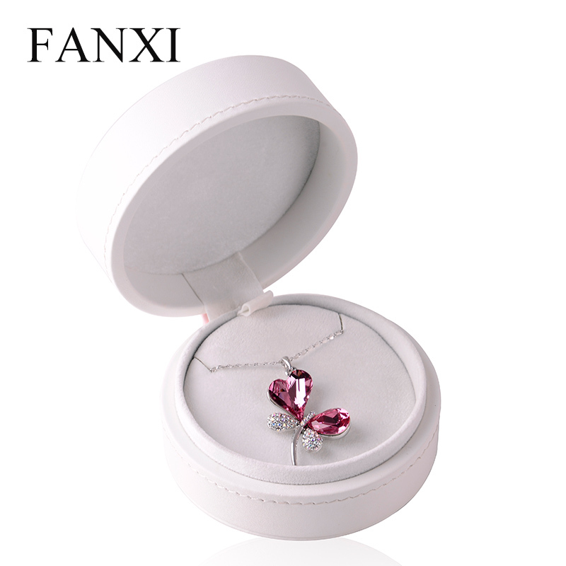 FANXI Custom Plastic Jewelry Packaging Box With Velvet Insert For Ring And Necklace White And Pink Leather Round Jewelry Box