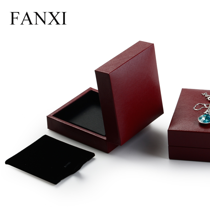 FANXI Factory Jewelry Box Series Red Color Leatherette Paper And Velvet Insert Plastic Pendant Earring Box
