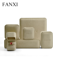 FANXI Factory Fine Workmanship Luxury Almond Color Microfiber Packing Ring Earring Bracelet Necklace Jewelry Box