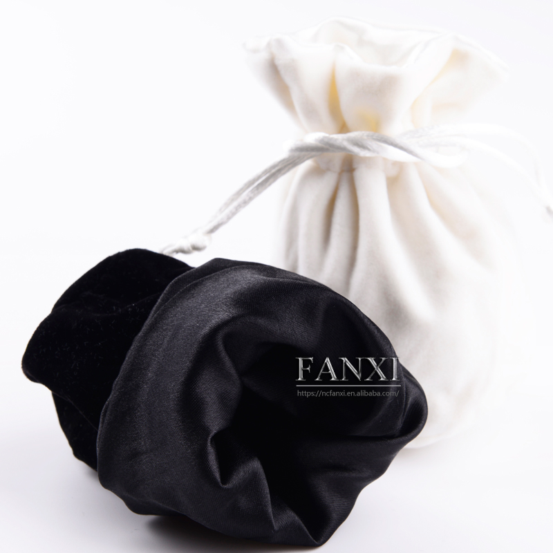 FANXI China Wholesale Custom logo black white Velvet Jewelry Drawstring Pouch Bag Round Bottom Gift Bags