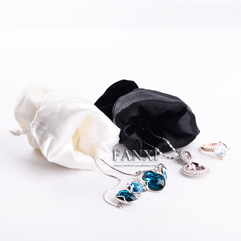 FANXI China Wholesale Custom logo black white Velvet Jewelry Drawstring Pouch Bag Round Bottom Gift Bags