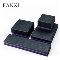 FANXI Custom Jewellery Packaging Box With Beige Velvet Insert Crocodile Pattern Black Fancy Leatherette Paper Jewelry Gift Box