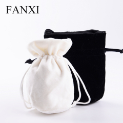 FANXI China Wholesale Custom logo black white Velvet Jewelry Drawstring Pouch Bag Round Bottom Gift Bags