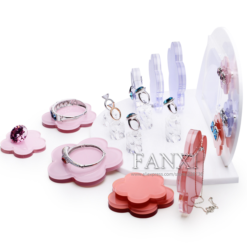 FANXI Luxury Custom Logo Flower Shape Acrylic Jewelry Display Set For Ring Earrings Necklace Bangle Holder