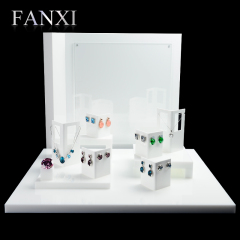 FANXI Custom Jewellery Shop Counter Showcase With Custom Poster For Ring Earrings Necklace White Acrylic Jewelry Display Holder