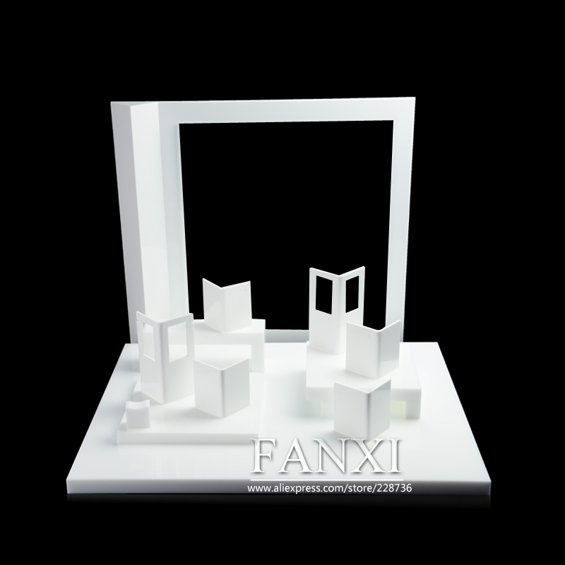 FANXI Custom Jewellery Shop Counter Showcase With Custom Poster For Ring Earrings Necklace White Acrylic Jewelry Display Holder