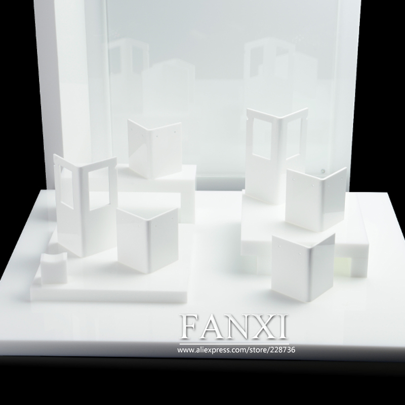 FANXI Custom Jewellery Shop Counter Showcase With Custom Poster For Ring Earrings Necklace White Acrylic Jewelry Display Holder