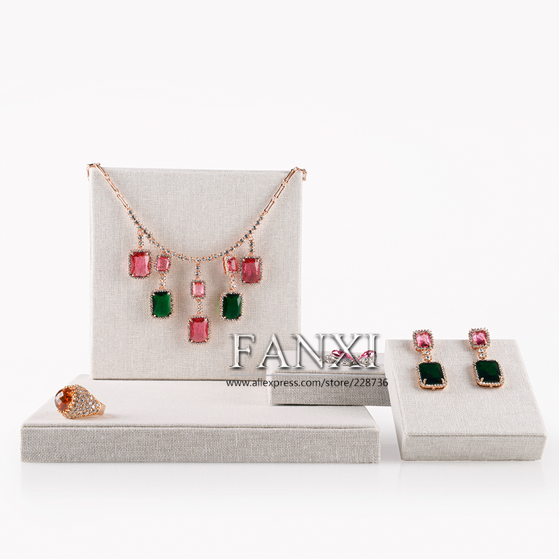 FANXI China Wholesale Square Necklace Earrings Holder Props Countertop Linen Jewelry Display Set