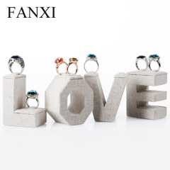 FANXI Custom Love Shape Wood Ring Jewelry Display For Shop Counter And Window Showcase Beige Linen Ring Display Stand