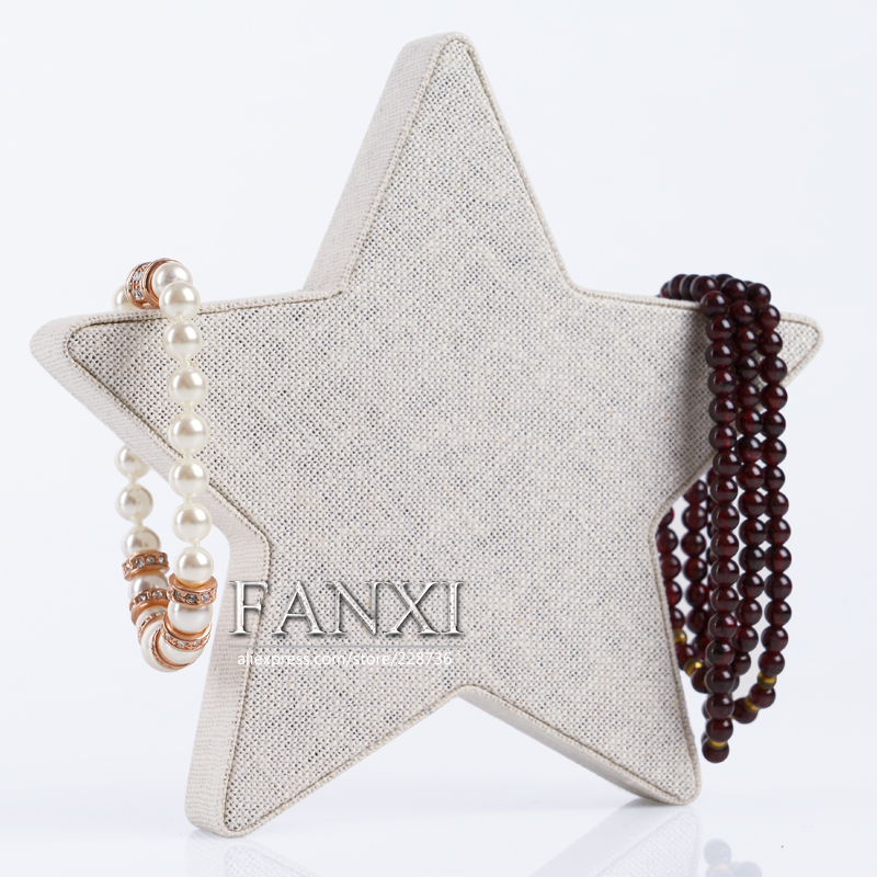 FANXI Wood Pentagram Shape Jewellery Exhibitor Rack For Bracelet Pendant Beige Linen Jewelry Display