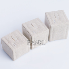 FANXI Custom Factory Beige Linen Jewelry Shop Counter Showcase Display Holder Wooden Ring Display Set