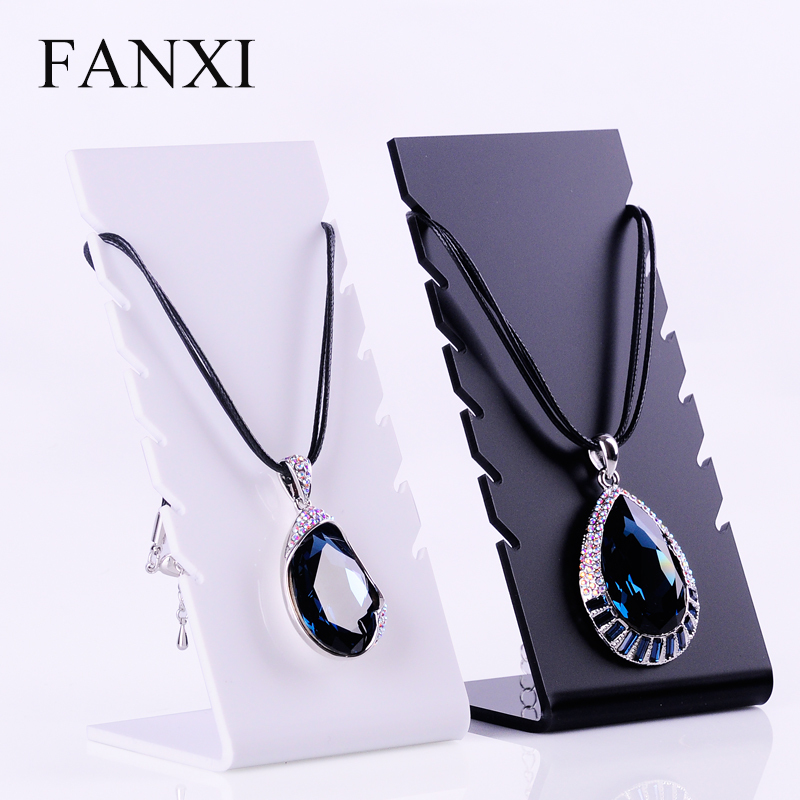 FANXI Wholesale Custom Stylish Design Jewelry Display Rack Shelf Stand with Hooks White Acrylic Necklace Display