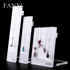 FANXI Wholesale Custom Stylish Design Jewelry Display Rack Shelf Stand with Hooks White Acrylic Necklace Display