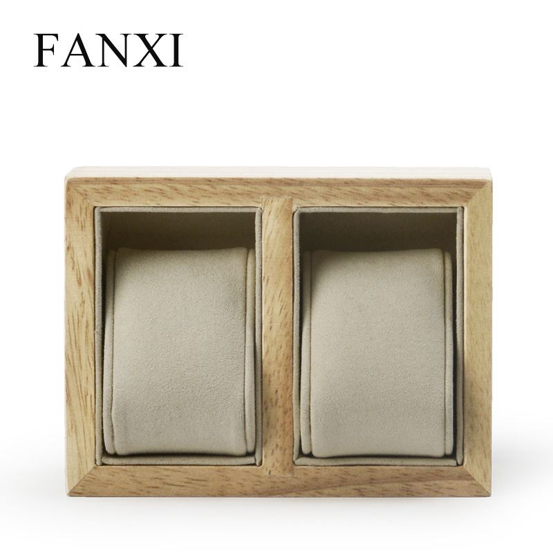 FANXI Custom Size Wooden Jewelry Organizer With Gray Microfiber Pillow For Bangle Bracelet Jewelry Solid Wood Watch Display Holder