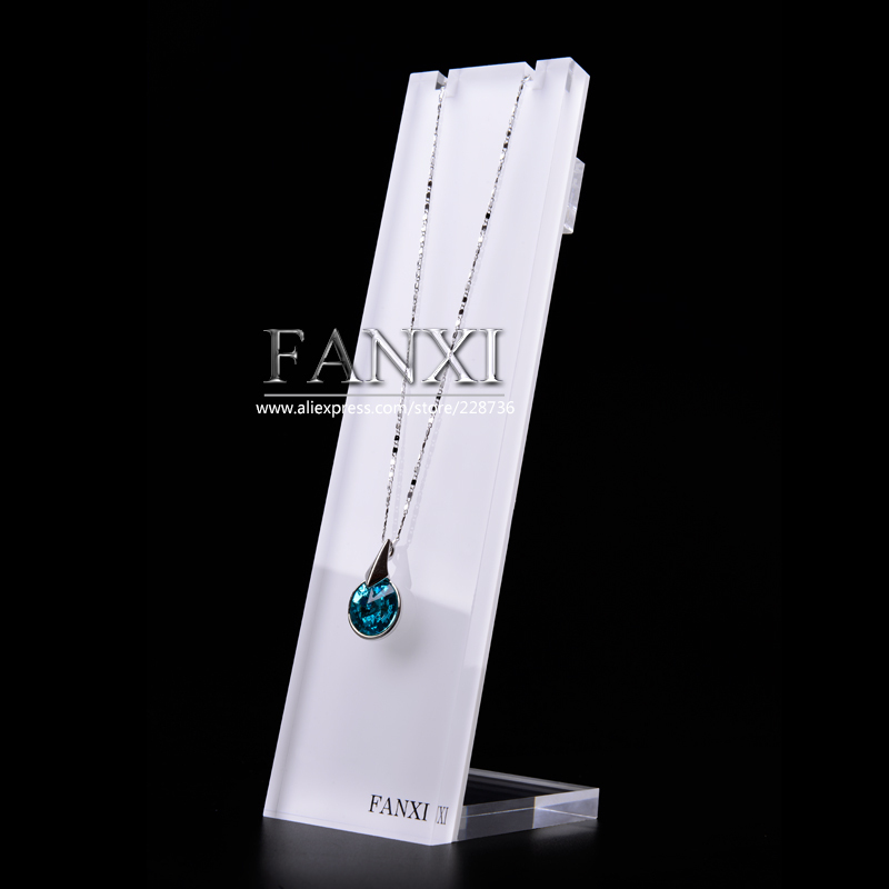 FANXI Wholesale Custom Stylish Design Jewelry Display Rack Shelf Stand with Hooks White Acrylic Necklace Display