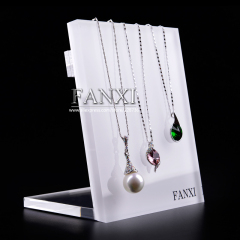 FANXI Wholesale Custom Stylish Design Jewelry Display Rack Shelf Stand with Hooks White Acrylic Necklace Display