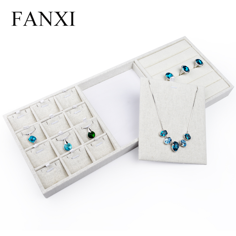 FANXI Custom Multifunctional jewellery Display Trays For Ring Necklace Pendants Showcase Beige Linen Jewelry Tray