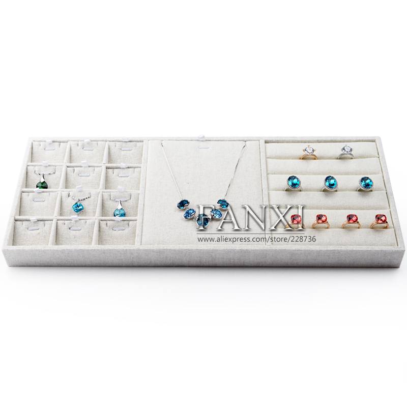 FANXI Custom Multifunctional jewellery Display Trays For Ring Necklace Pendants Showcase Beige Linen Jewelry Tray