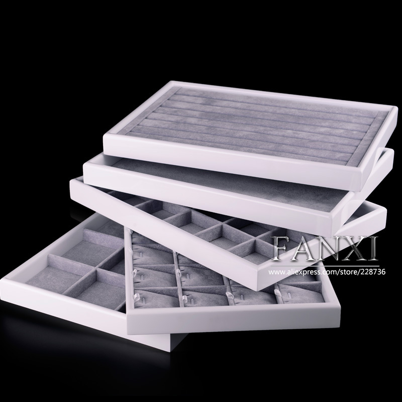 FANXI Luxury Jewellery Display Serving Trays With Gray Insert For Ring Necklace Bracelet White Lacquer Jewelry Tray