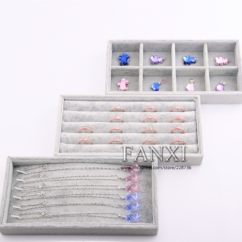 FANXI Fashionable Shop Counter Organizer 3 Free Trays Necklace Rings Holder Storage Velvet Jewelry Tray Set Counter Display Tray