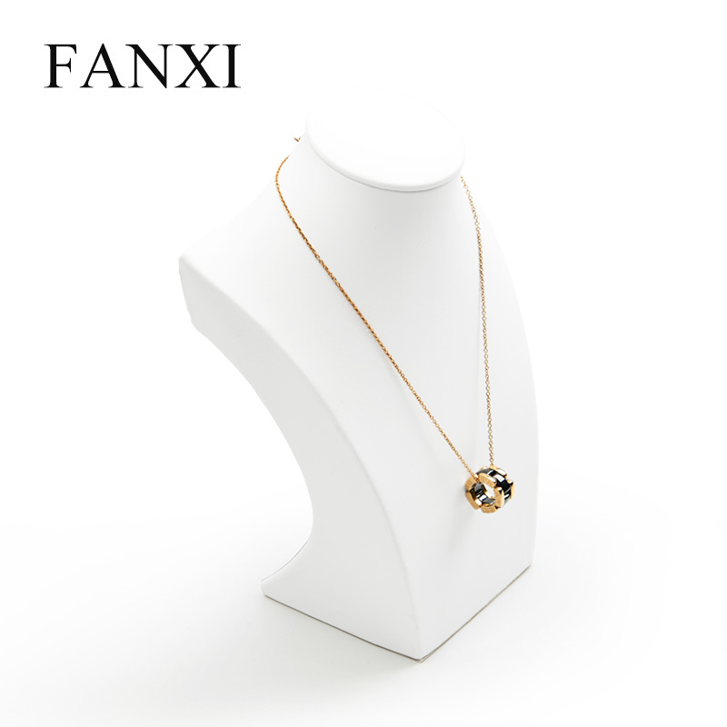 FANXI Custom Wooden Jewelry Display Bust Neck Form White PU Leather Necklace Mannequin