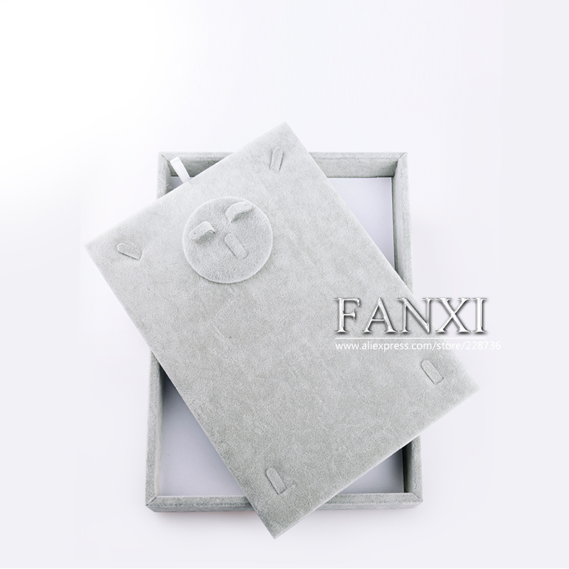 FANXI Custom Functional Silver Grey Ice Velvet Necklace Earrings Ring Combination Display Holder Tray Jewelry Display Tray Set