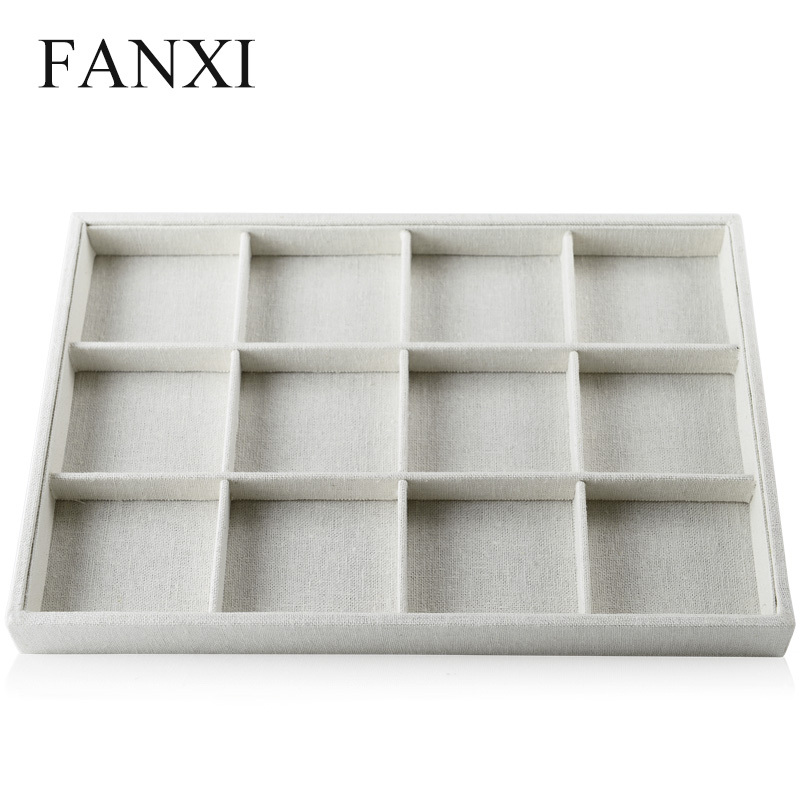 FANXI Wholesale factory custom stackable beige linen jewellery exhibitor case shop counter display ring pendant earring bangle jewelry trays