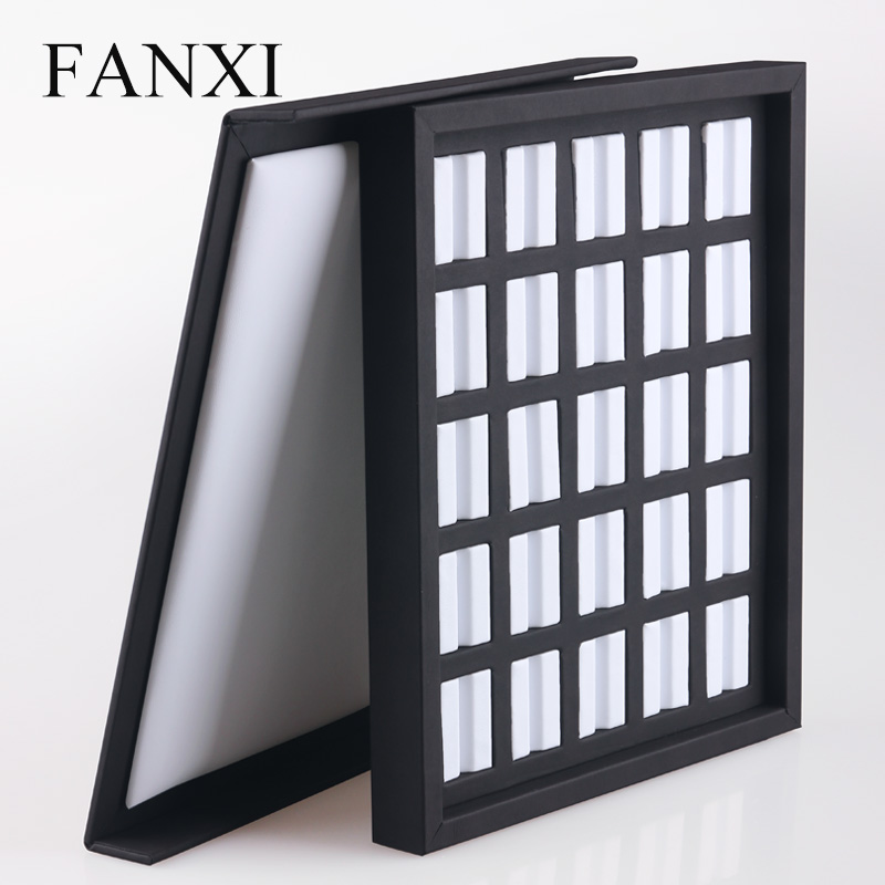 FANXI Wholesale factory custom stackable MDF wrapped with black and white PU leather jewellery case for loose diamond display trays