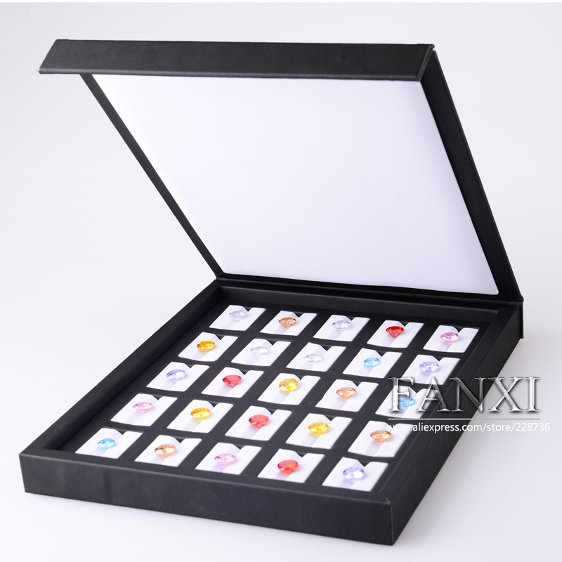 FANXI Wholesale factory custom stackable MDF wrapped with black and white PU leather jewellery case for loose diamond display trays
