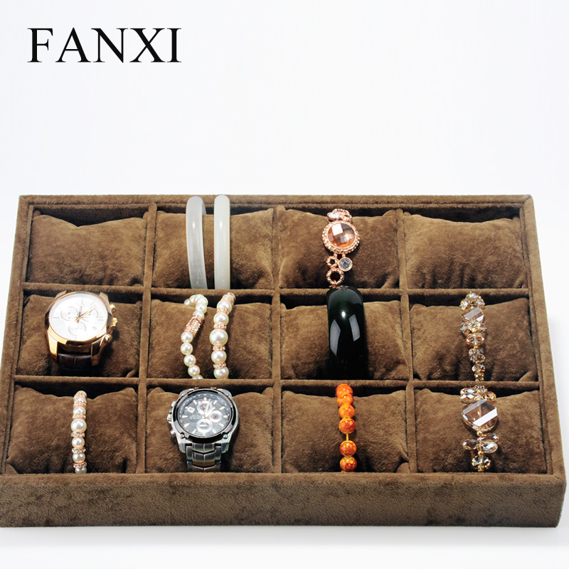 FANXI Functional Shop Organizer 12 Pillows Silver Grey Watch Bangle Bracelet Holder Jewelry Display Trays Velvet Pillow Tray