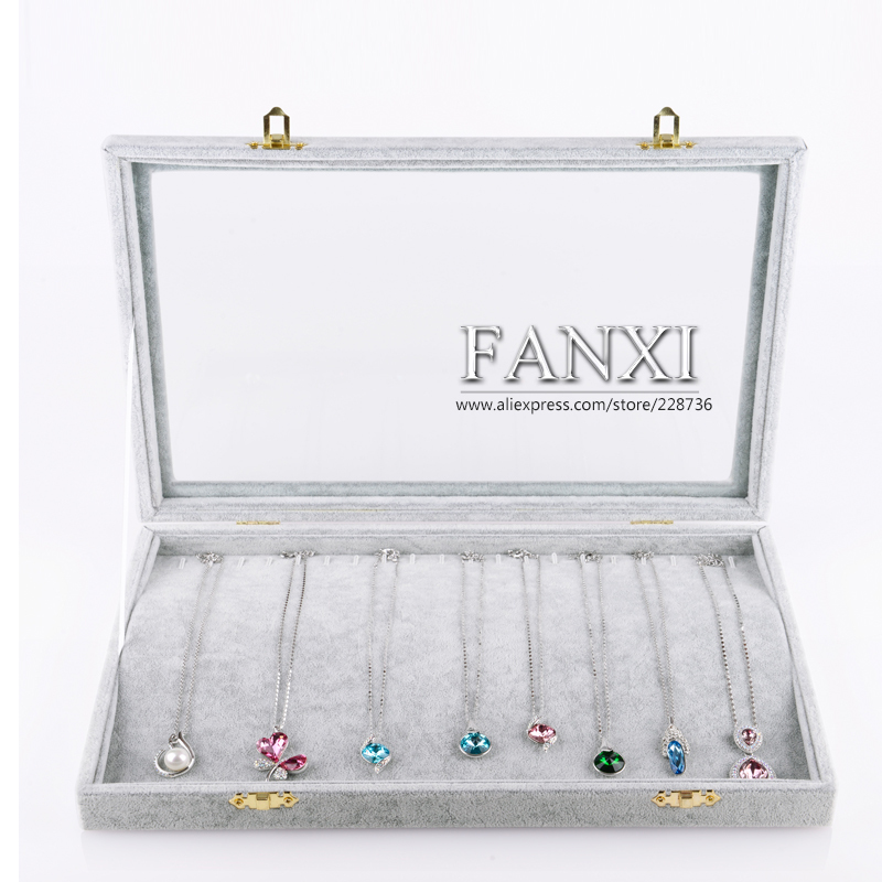 FANXI Wholesale custom factory Wood jewellery storage box ring earrings bangle display gray Ice velvet jewelry Display case