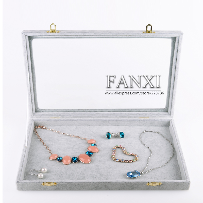 FANXI Wholesale custom factory Wood jewellery storage box ring earrings bangle display gray Ice velvet jewelry Display case