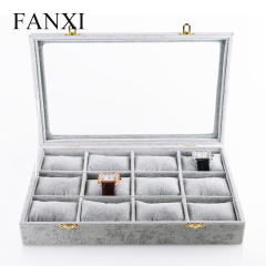 FANXI Wholesale Custom Factory MDF Wrapped With Gray Velvet Portable Bangle Jewelry Shop Display Watch Packing Case