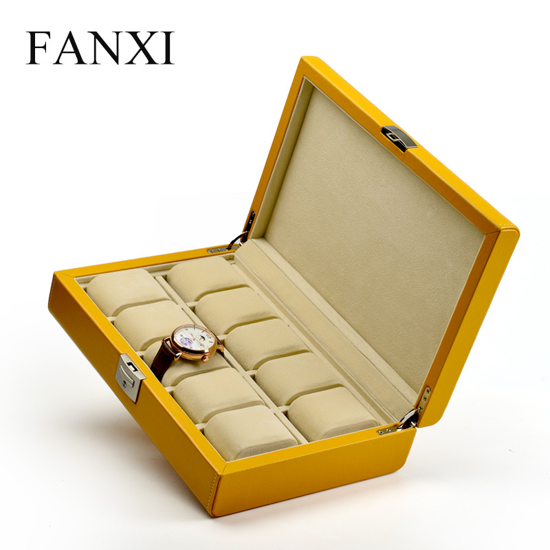 FANXI Custom Luxury Wooden Jewelry Cases Wrapped With Yellow And Dark Blue PU Leather With Velvet Insert For Bangle Bracelet Storage Luxury Watch Case