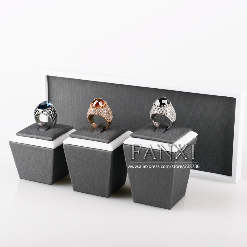 FANXI Luxury Shop Gray PU leather 3 Stands Piercing Holder for Jewelry Ear Stud Rings Earring Display Set