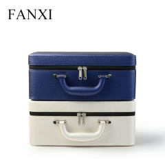 FANXI Factory Fine Workmanship Jewelry Storage Jewelry Organizer White Yellow Blue PU Leather Two Layers Jewelry Travel Case